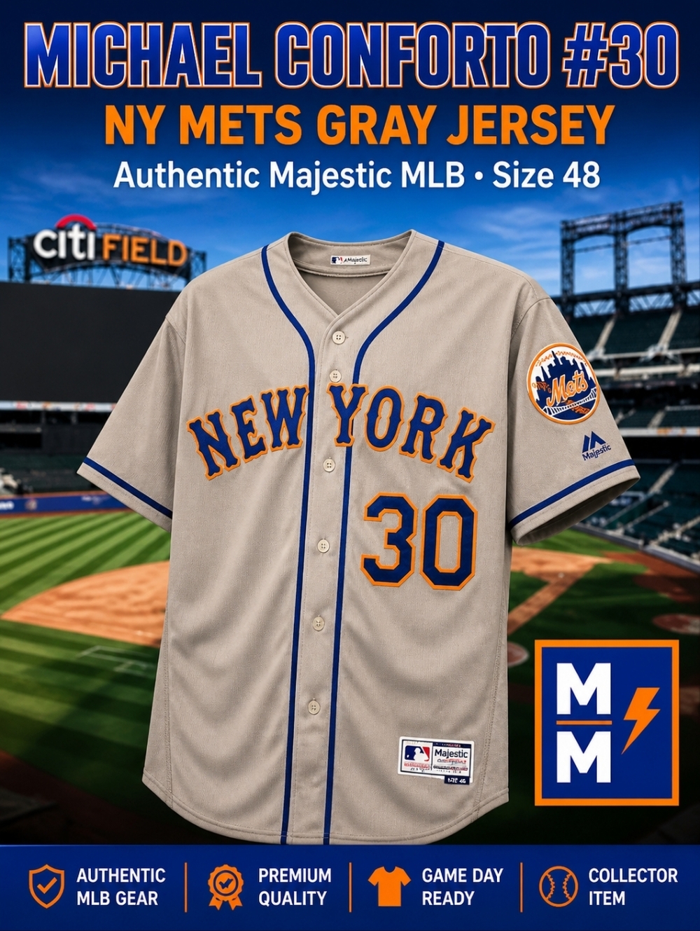 NY Mets #30 Conforto Jersey Size 48 • Majestic MLB Authentic Flex Base Gray